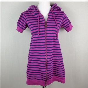 Free People Striped Short Sleeve Hoodie Zip Front